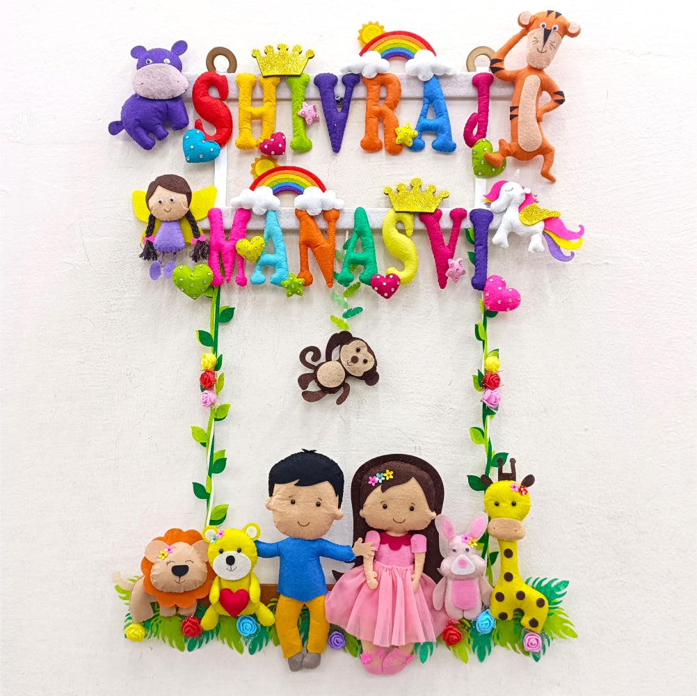 Siblings with Nature Buddies | Personalised Felt Kids Hanging | Premium Range