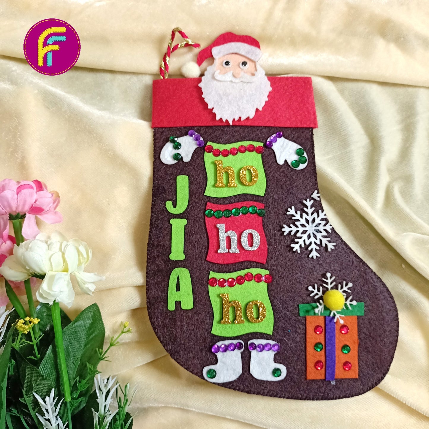 PERSONALISED CHRISTMAS STOCKING BROWN - HO HO HO