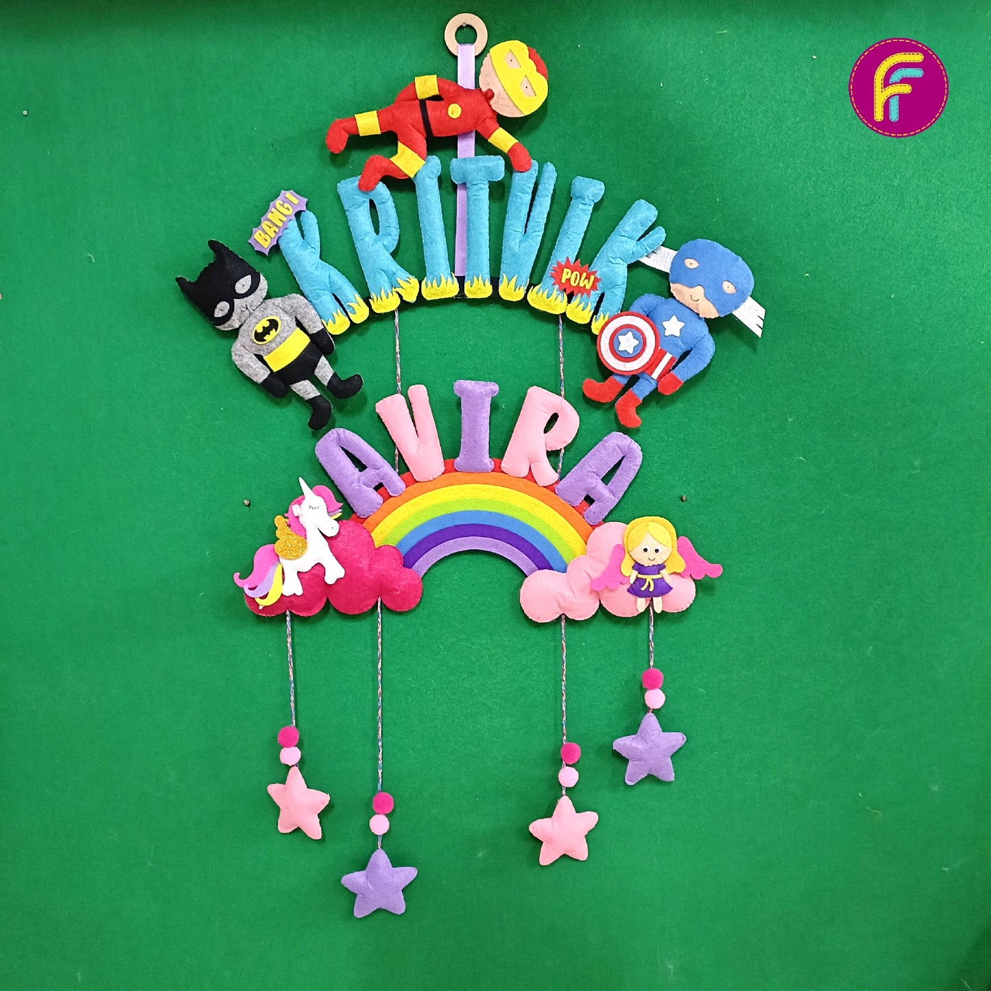 Superhero and Unicorn | Personalised Felt Siblings Hanging