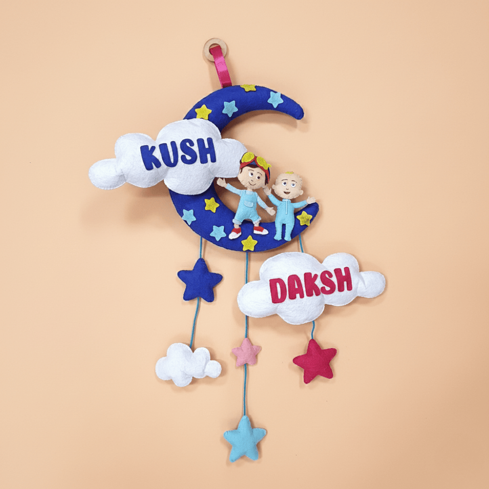 JJ & Tom With Moon and Clouds | Personalised Siblings Cocomelon Themed Felt Kids Hanging