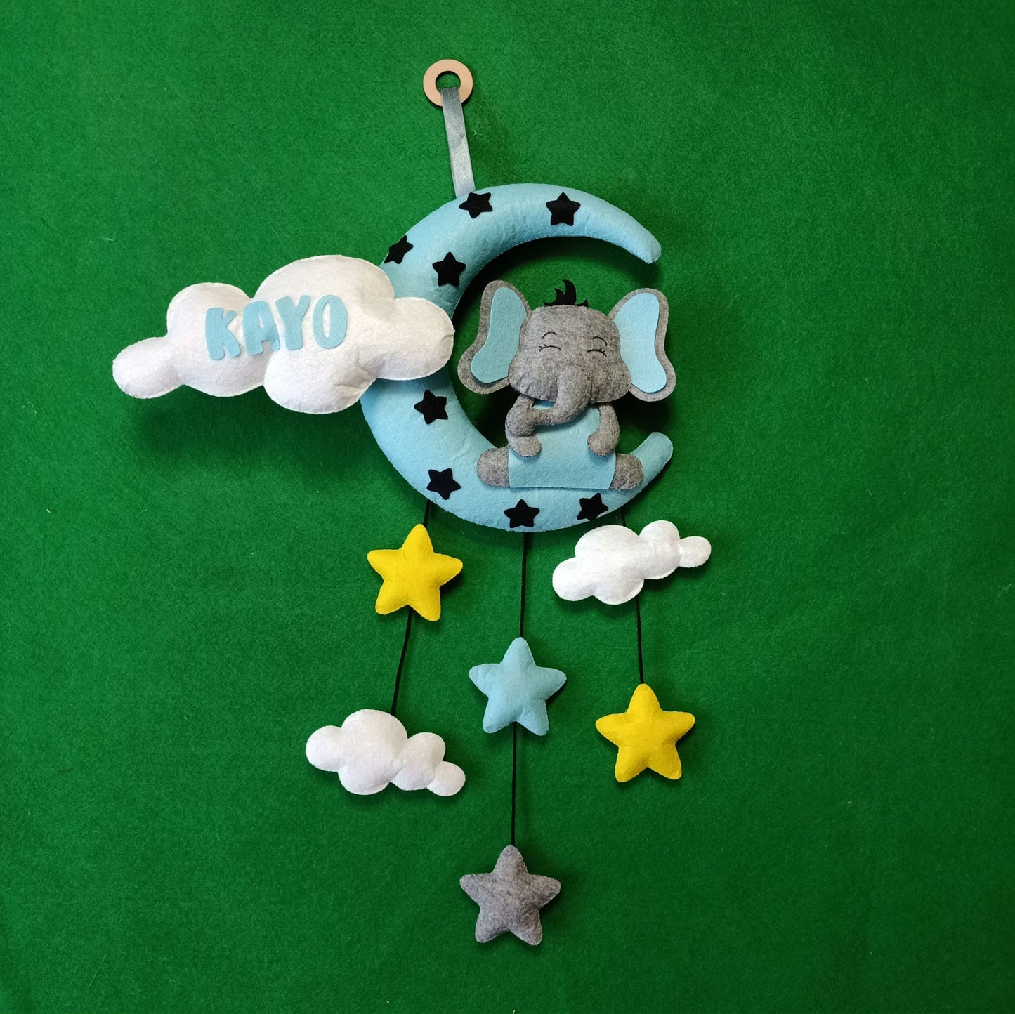 Jumbo Elephant with Moon and Clouds | Personalised Felt Kids Hanging