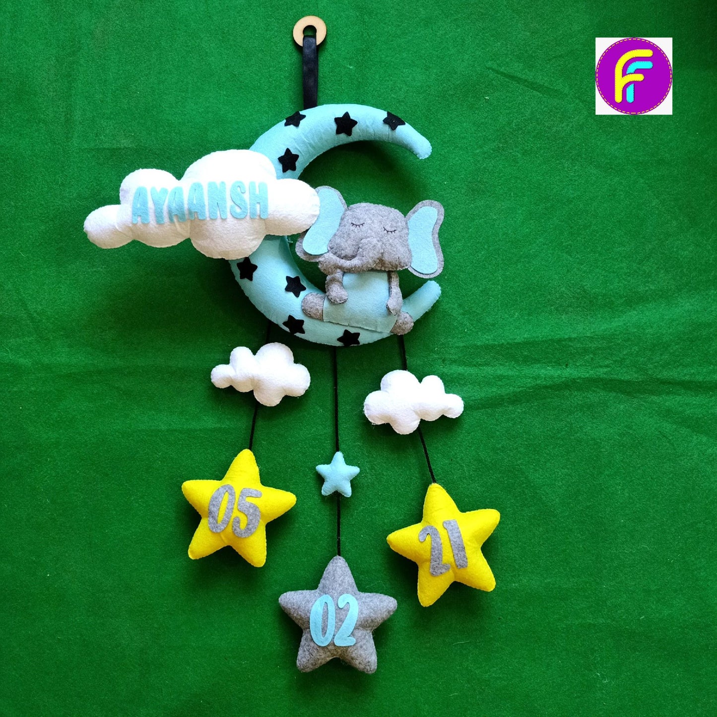 Jumbo Elephant with Moon and Clouds | Personalised Felt Kids Hanging