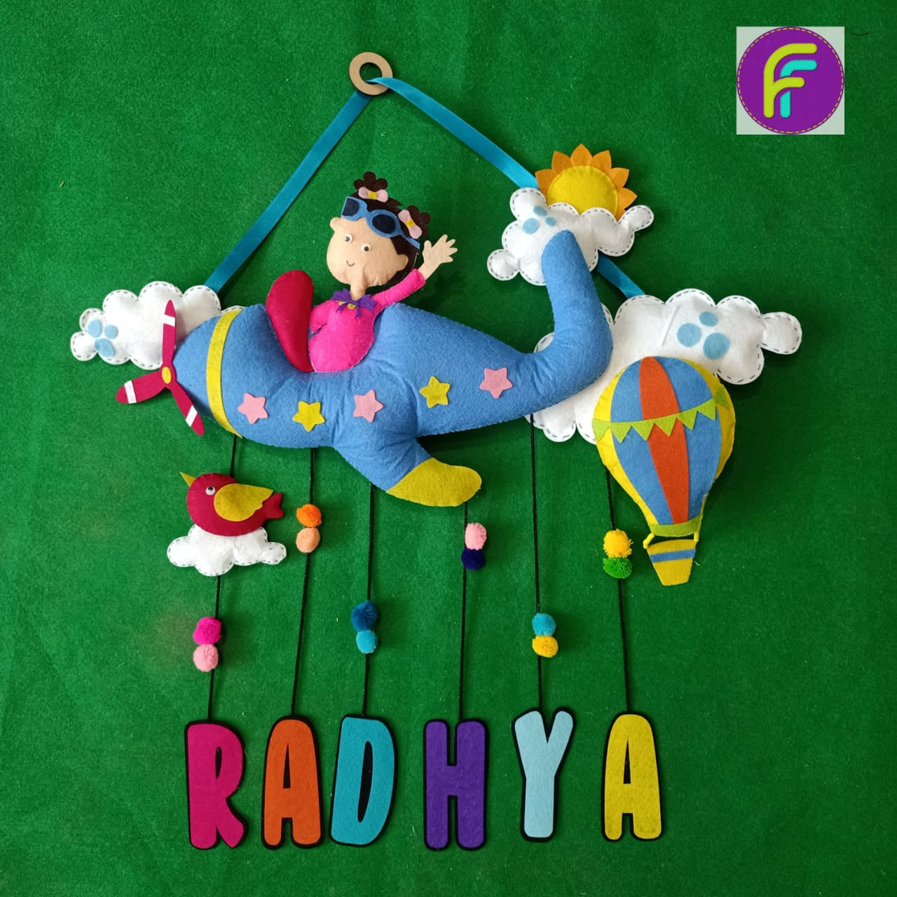 Kid Flying Plane Personalised Felt Hanging