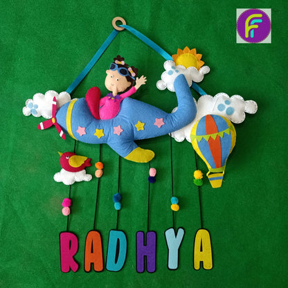 Kid Flying Plane Personalised Felt Hanging