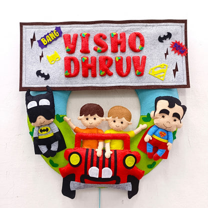 Kids in car with Superheroes | Personalised Felt Kids Hanging | Siblings