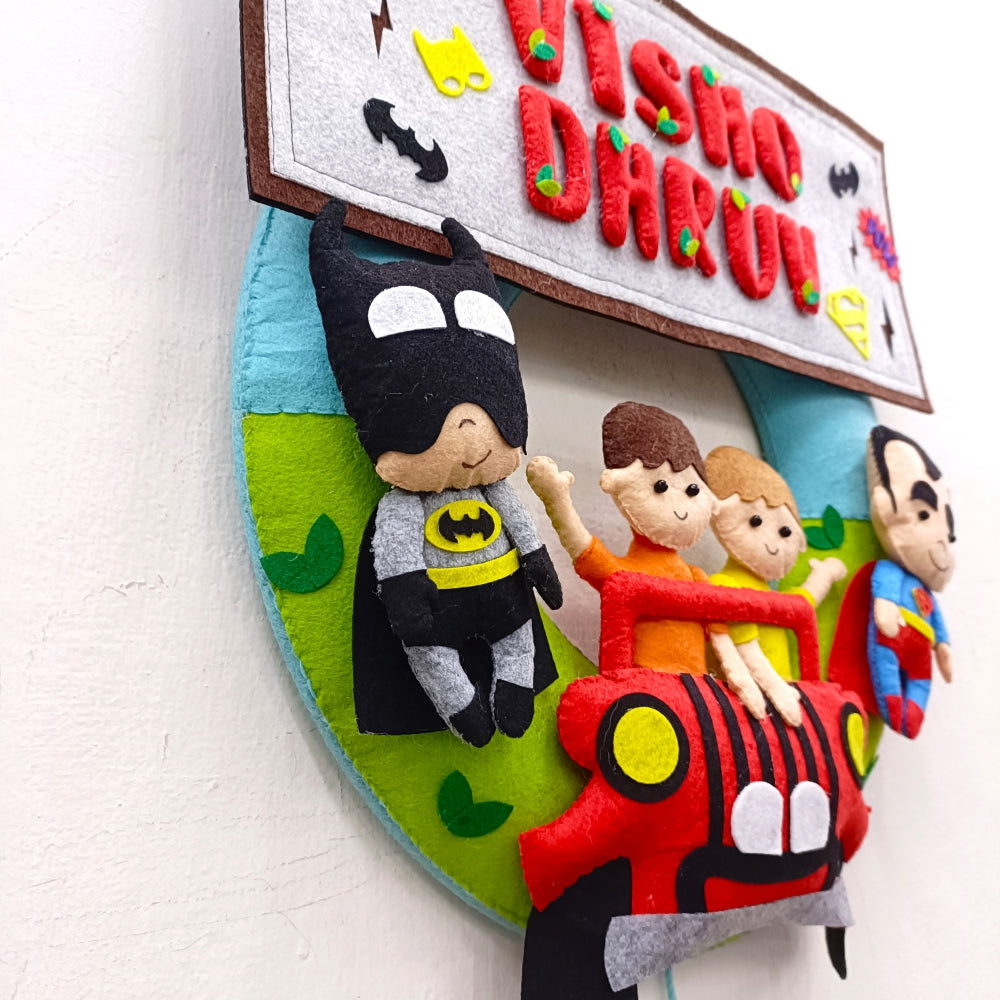 Kids in car with Superheroes | Personalised Felt Kids Hanging | Siblings