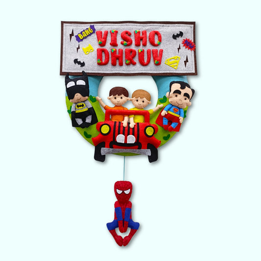 Kids in car with Superheroes | Personalised Felt Kids Hanging | Siblings