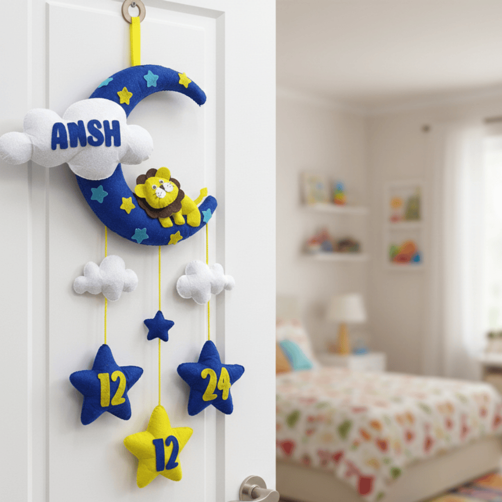 Lion with Moon and Clouds | Personalised Felt Kids Hanging
