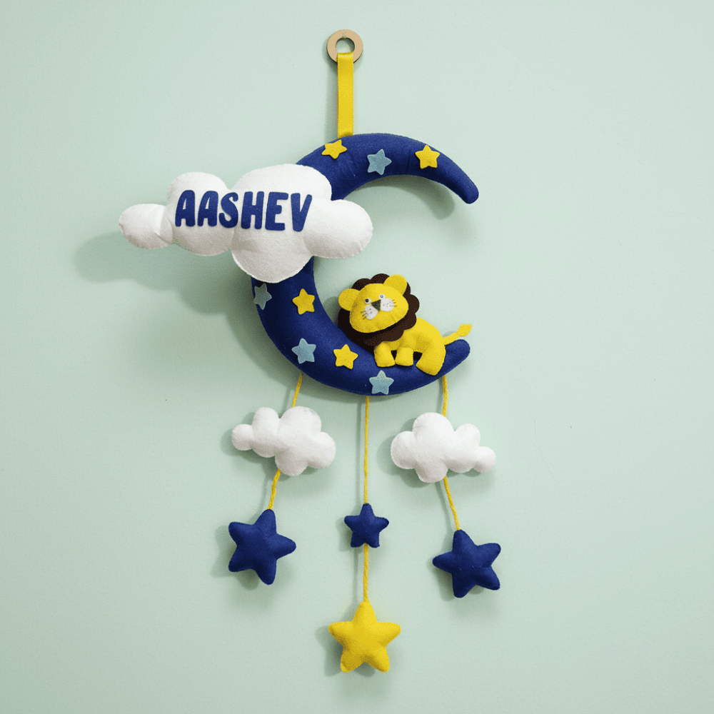 Lion with Moon and Clouds | Personalised Felt Kids Hanging