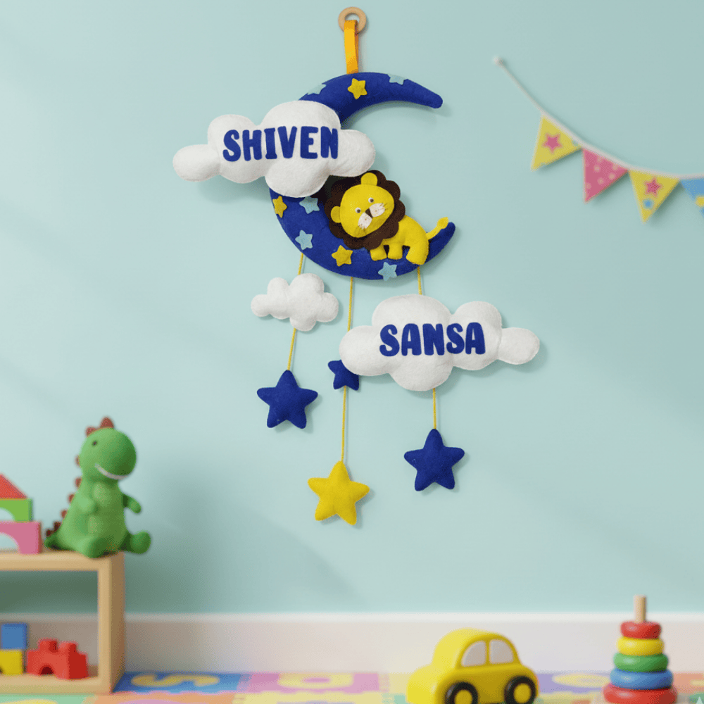 Lion with Moon and Clouds for Siblings | Personalised Felt Siblings Hanging