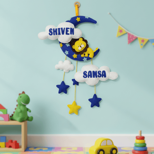 Lion with Moon and Clouds for Siblings | Personalised Felt Siblings Hanging