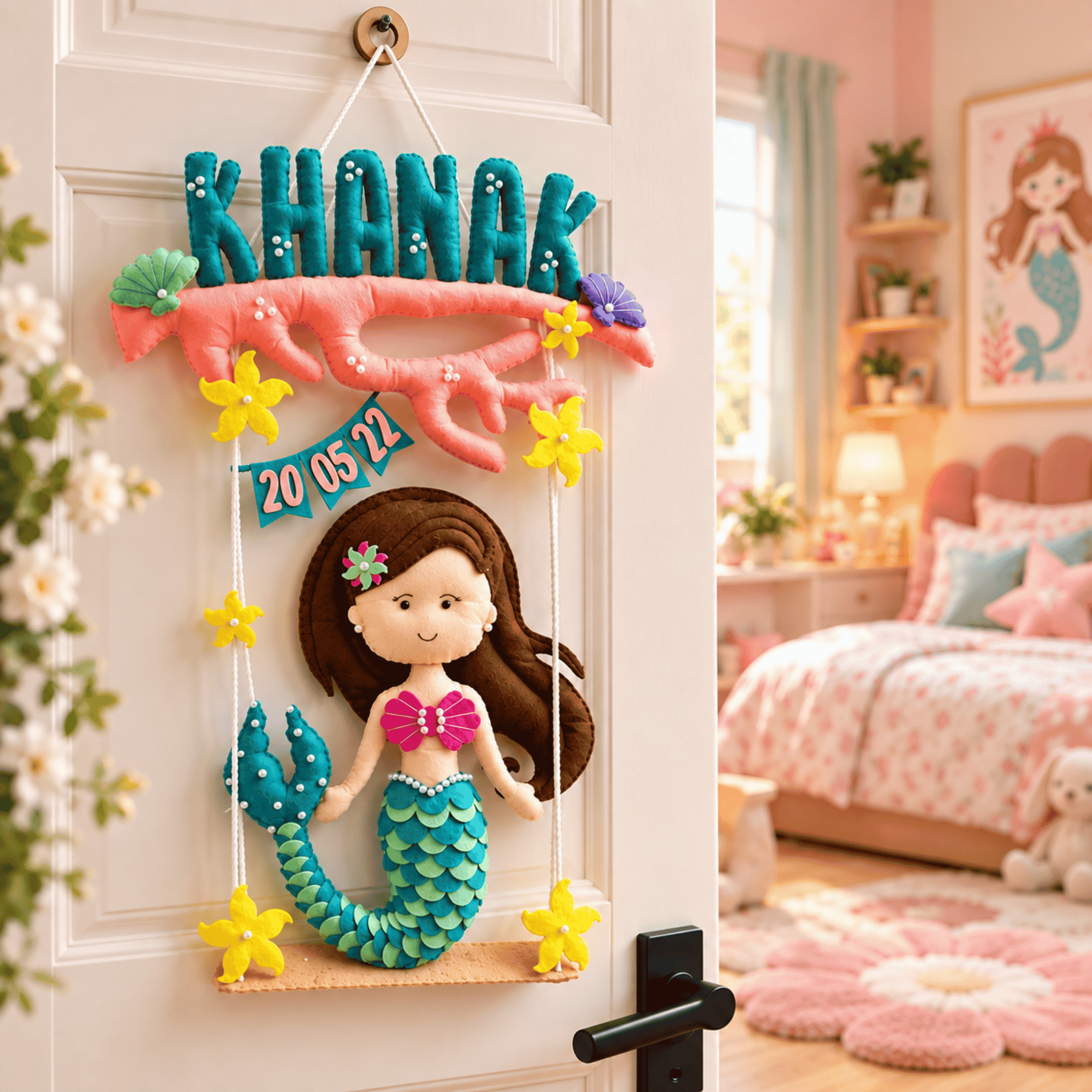 Mermaid On Swing | Personalised Felt Kids Room Decor
