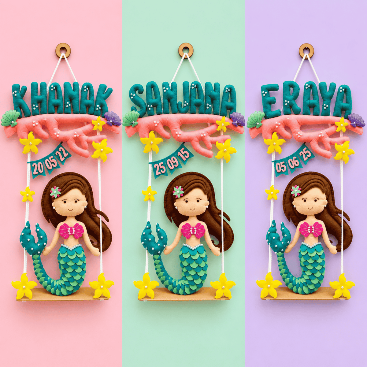 Mermaid On Swing | Personalised Felt Kids Room Decor