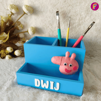 2+1 Compartment Pen Stand - Blue | Personalised Stationery Organizer For Kids