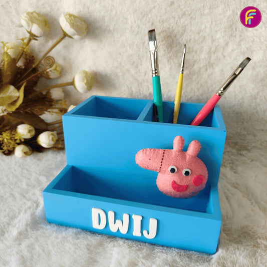 2+1 Compartment Pen Stand - Blue | Personalised Stationery Organizer For Kids