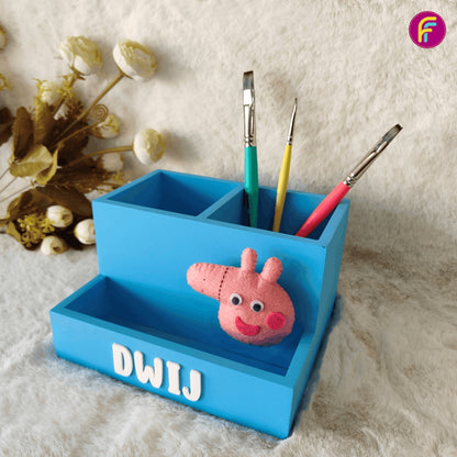 2+1 Compartment Pen Stand - Blue | Personalised Stationery Organizer For Kids