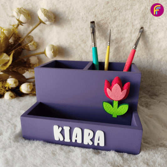 2+1 Compartment Pen Stand - Purple | Personalised Stationery Organizer For Kids