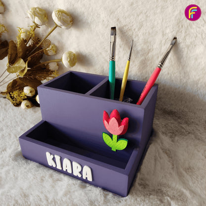 2+1 Compartment Pen Stand - Purple | Personalised Stationery Organizer For Kids
