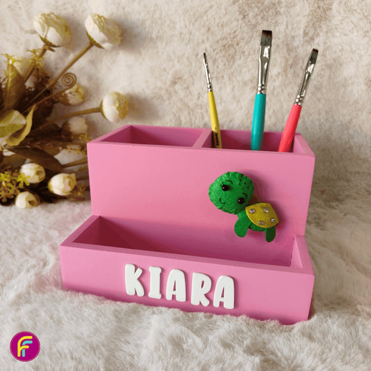 2+1 Compartment Pen Stand - Pink | Personalised Stationery Organizer For Kids