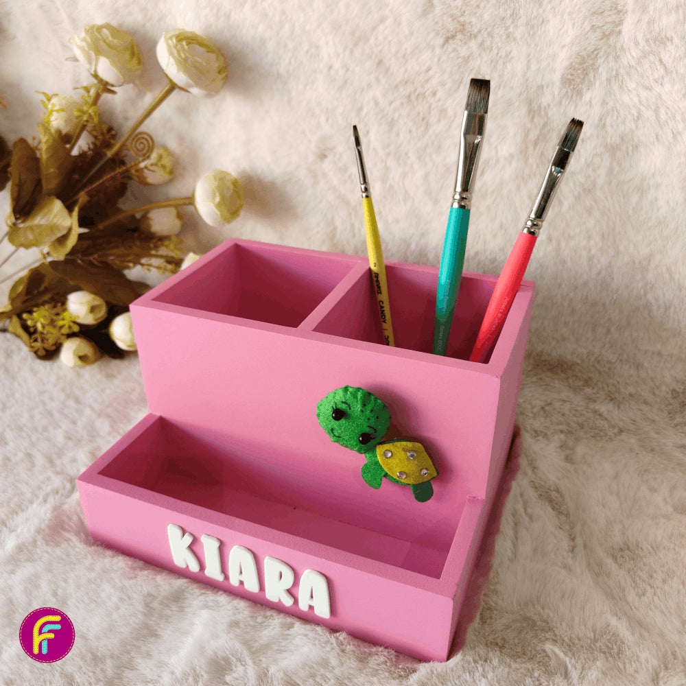 2+1 Compartment Pen Stand - Pink | Personalised Stationery Organizer For Kids