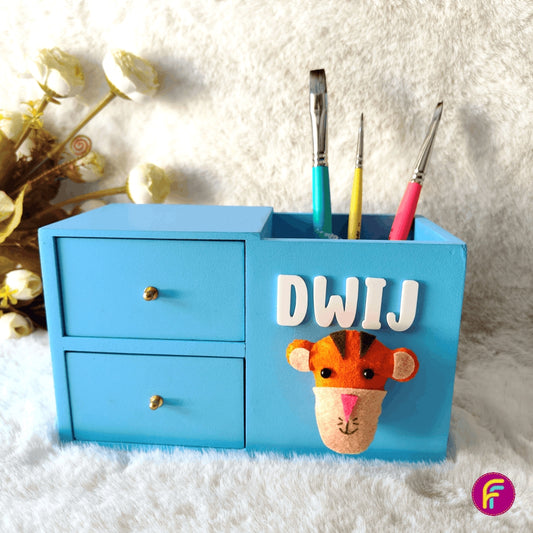 2 Drawer Pen Stand - Blue | Personalised Stationery Organizer For Kids