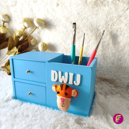 2 Drawer Pen Stand - Blue | Personalised Stationery Organizer For Kids