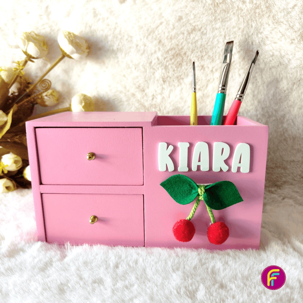 2 Drawer Pen Stand - Pink | Personalised Stationery Organizer For Kids