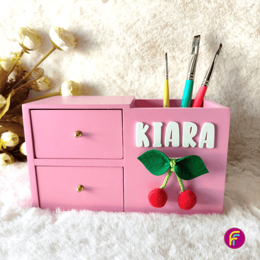 2 Drawer Pen Stand - Pink | Personalised Stationery Organizer For Kids
