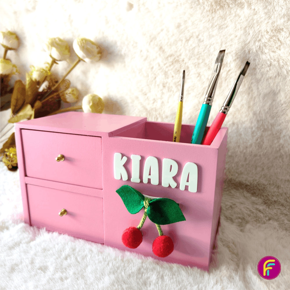 2 Drawer Pen Stand - Pink | Personalised Stationery Organizer For Kids