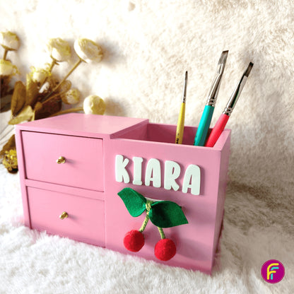 2 Drawer Pen Stand - Pink | Personalised Stationery Organizer For Kids