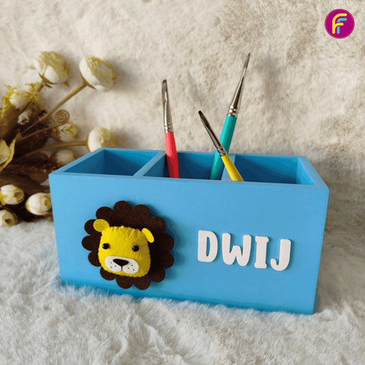 3 Compartment Pen Stand - Blue | Personalised Stationery Organizer For Kids