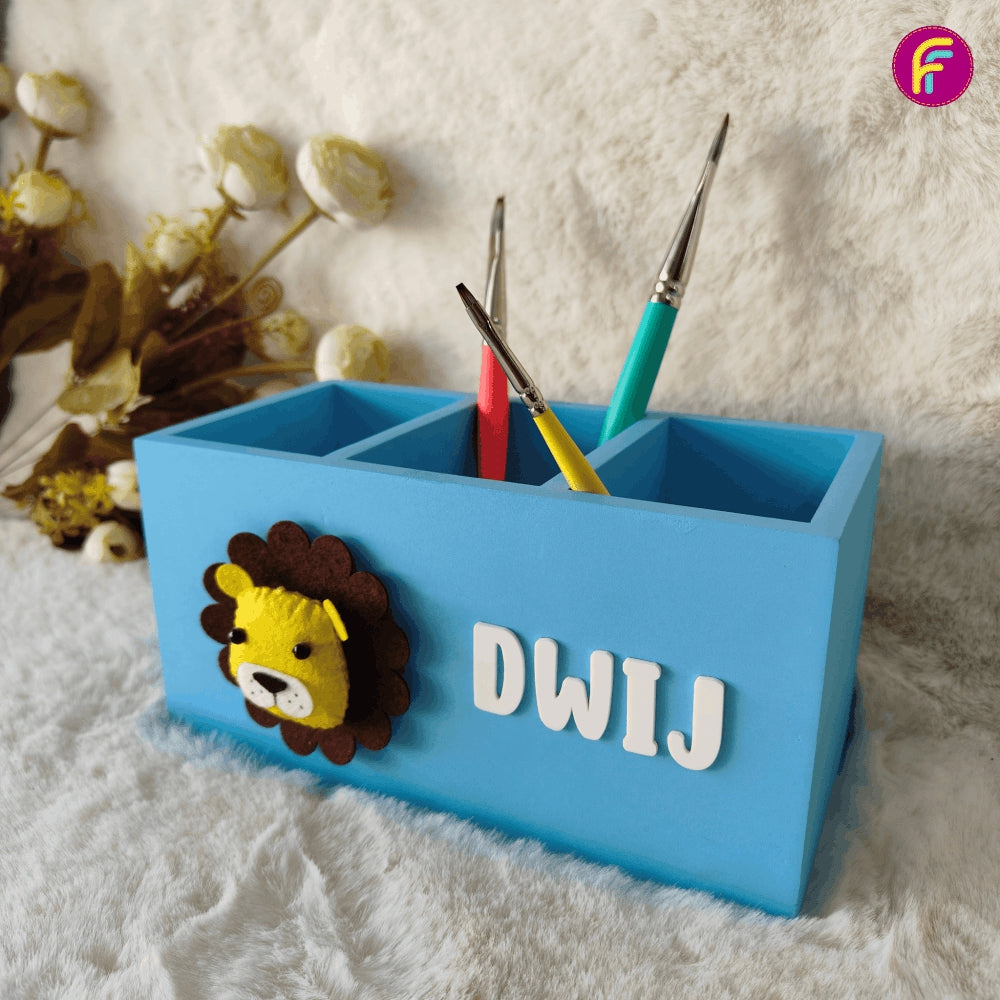 3 Compartment Pen Stand - Blue | Personalised Stationery Organizer For Kids