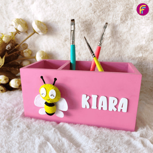 3 Compartment Pen Stand - Pink | Personalised Stationery Organizer For Kids