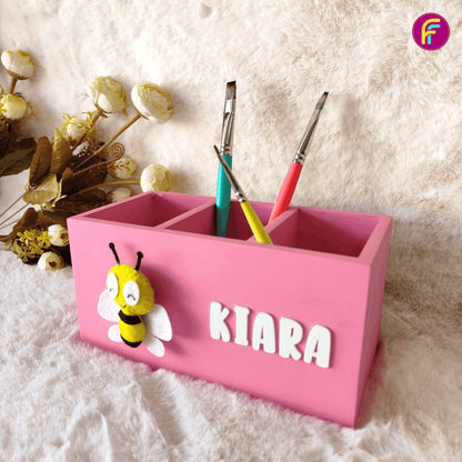 3 Compartment Pen Stand - Pink | Personalised Stationery Organizer For Kids