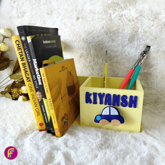 Pen Stand with Book Holder - Yellow | Personalised Stationery Organizer For Kids