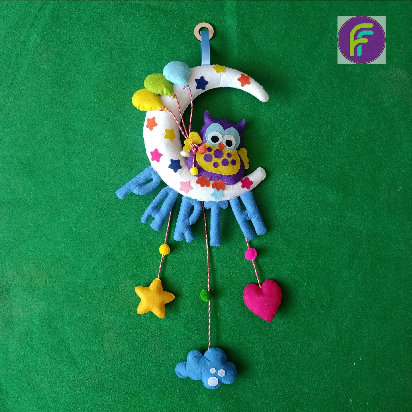 Owl with Balloons on Moon | Personalised Felt Kids Hanging