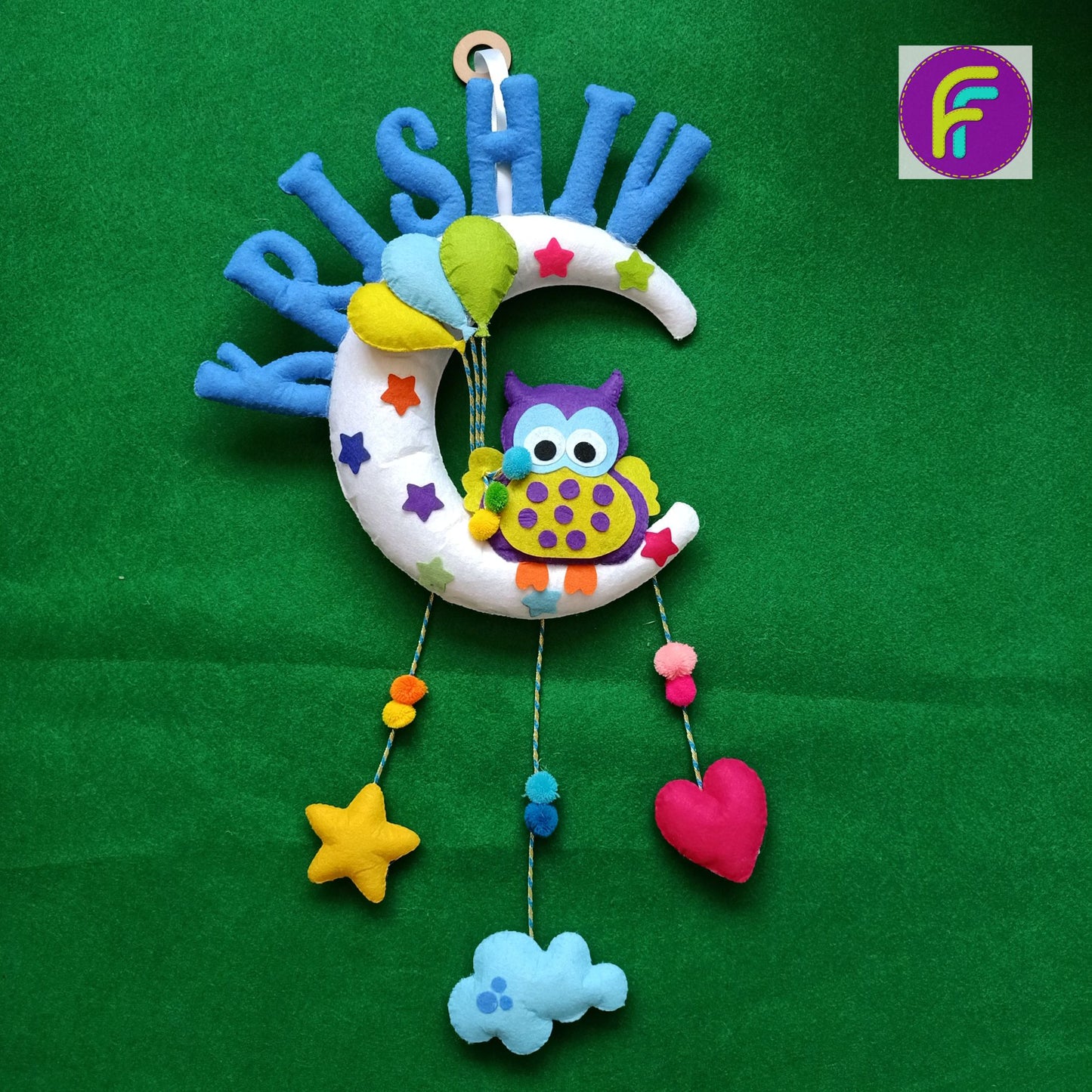 Owl with Balloons on Moon | Personalised Felt Kids Hanging