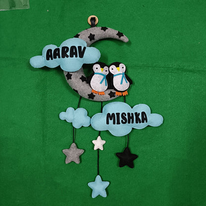 Penguin with Moon and Cloud | Personalised Felt Kids Hanging | Siblings