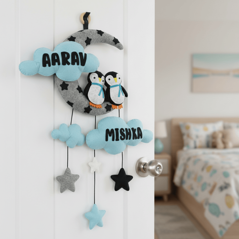 Penguin with Moon and Cloud | Personalised Felt Kids Hanging | Siblings