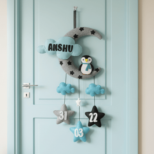 Penguin with Moon and Cloud | Personalised Felt Kids Hanging | Siblings