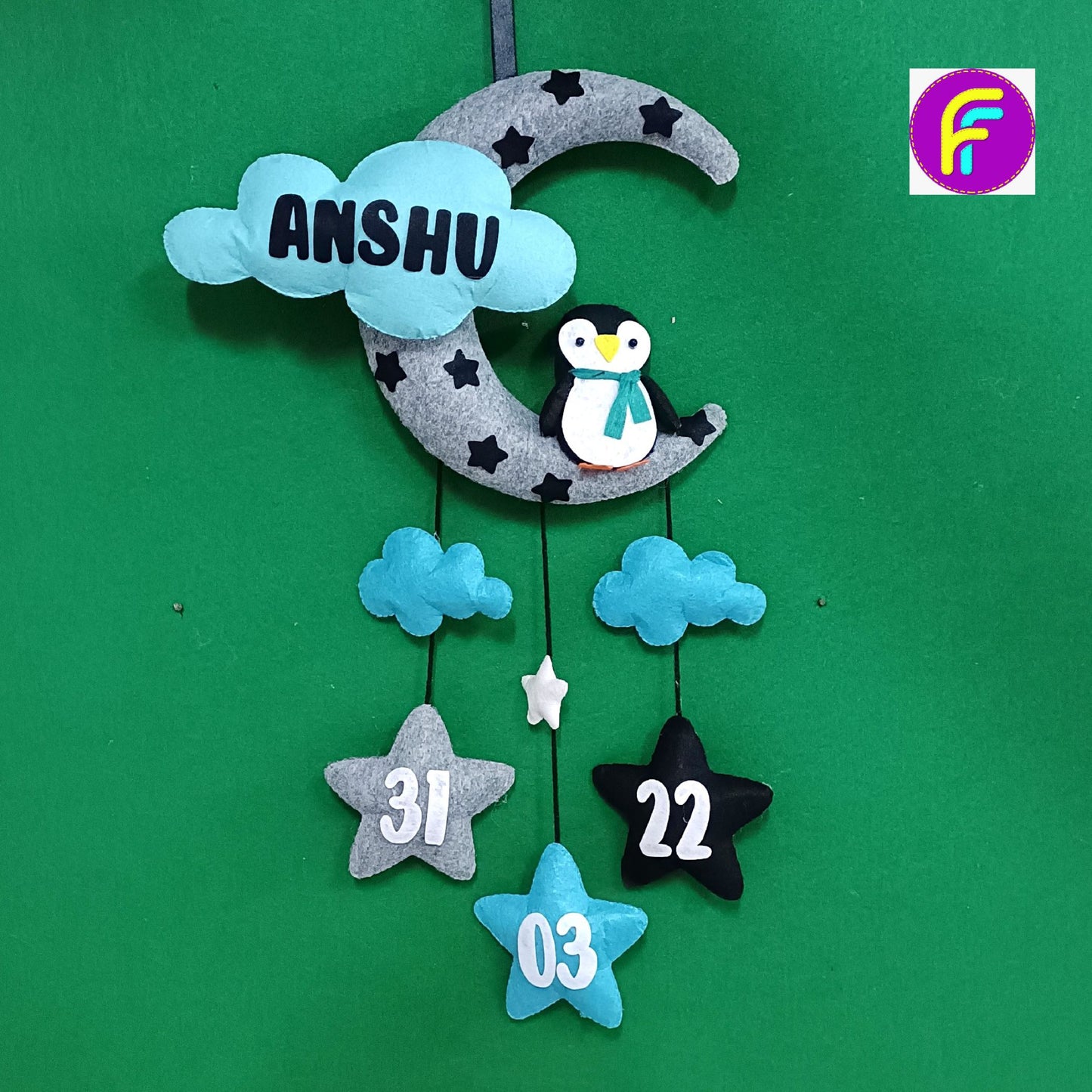 Penguin with Moon and Cloud | Personalised Felt Kids Hanging | Siblings