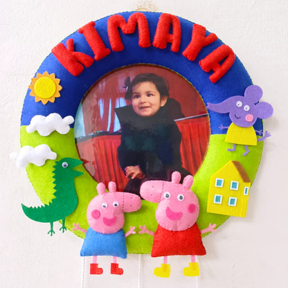 Peppa George Hanging with Photograph | Personalised Felt Kids Room Decor