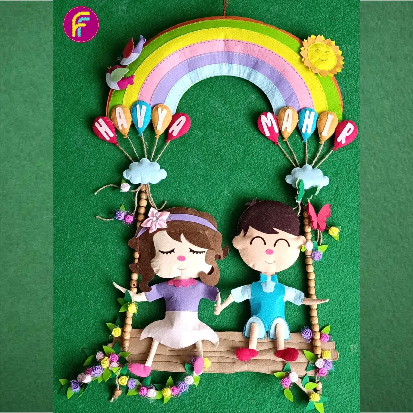 Personalised Felt Hanging for Adorable Siblings on Swing with Rainbow