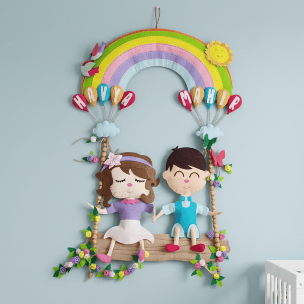 Personalised Felt Hanging for Adorable Siblings on Swing with Rainbow