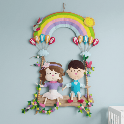 Personalised Felt Hanging for Adorable Siblings on Swing with Rainbow