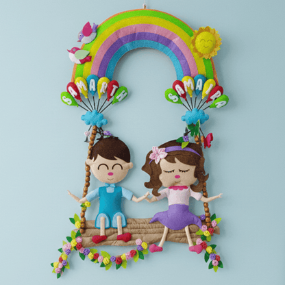Personalised Felt Hanging for Adorable Siblings on Swing with Rainbow
