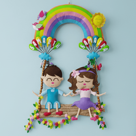 Personalised Felt Hanging for Adorable Siblings on Swing with Rainbow