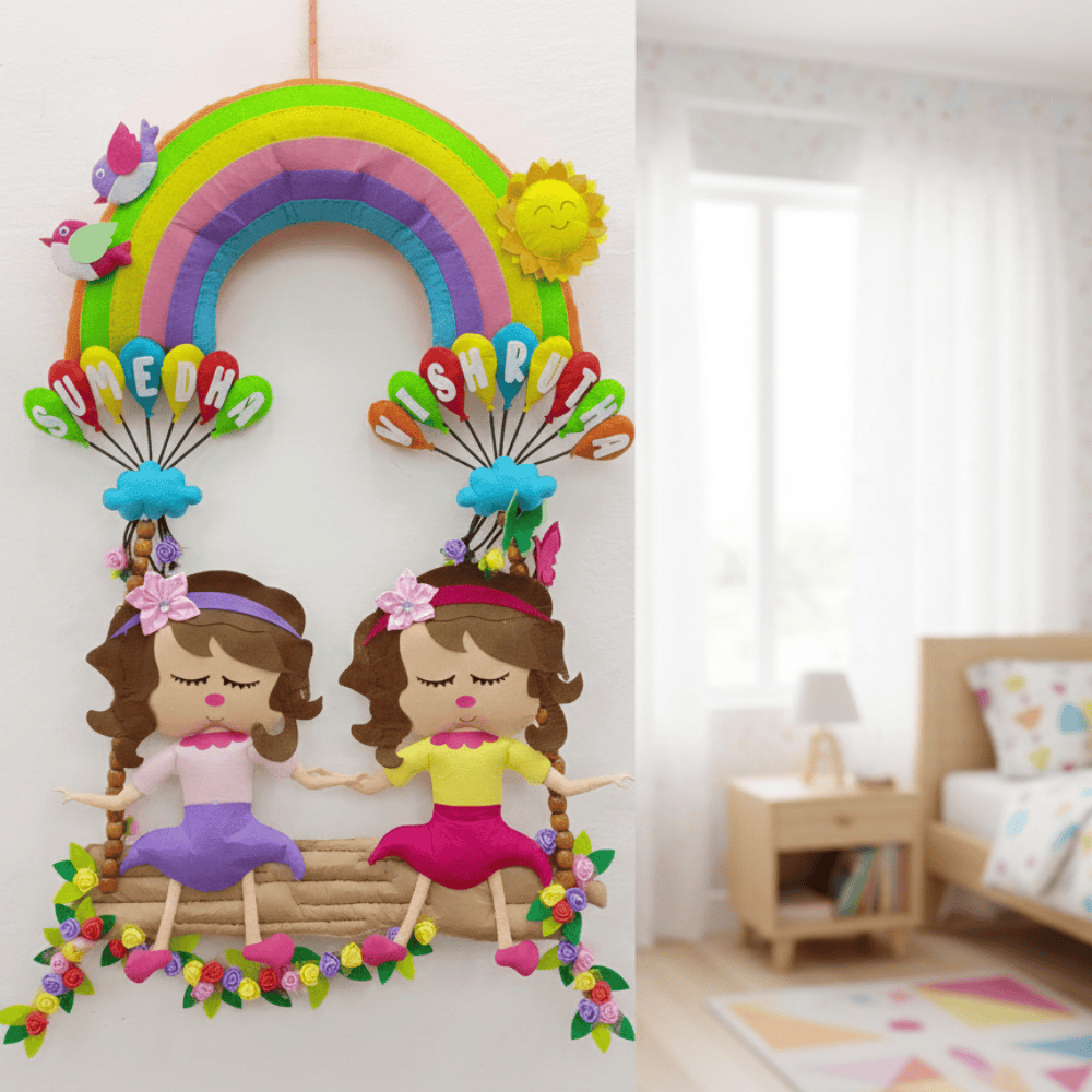 Personalised Felt Hanging for Adorable Siblings on Swing with Rainbow