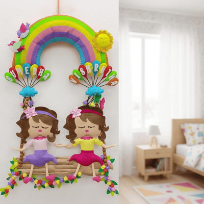 Personalised Felt Hanging for Adorable Siblings on Swing with Rainbow
