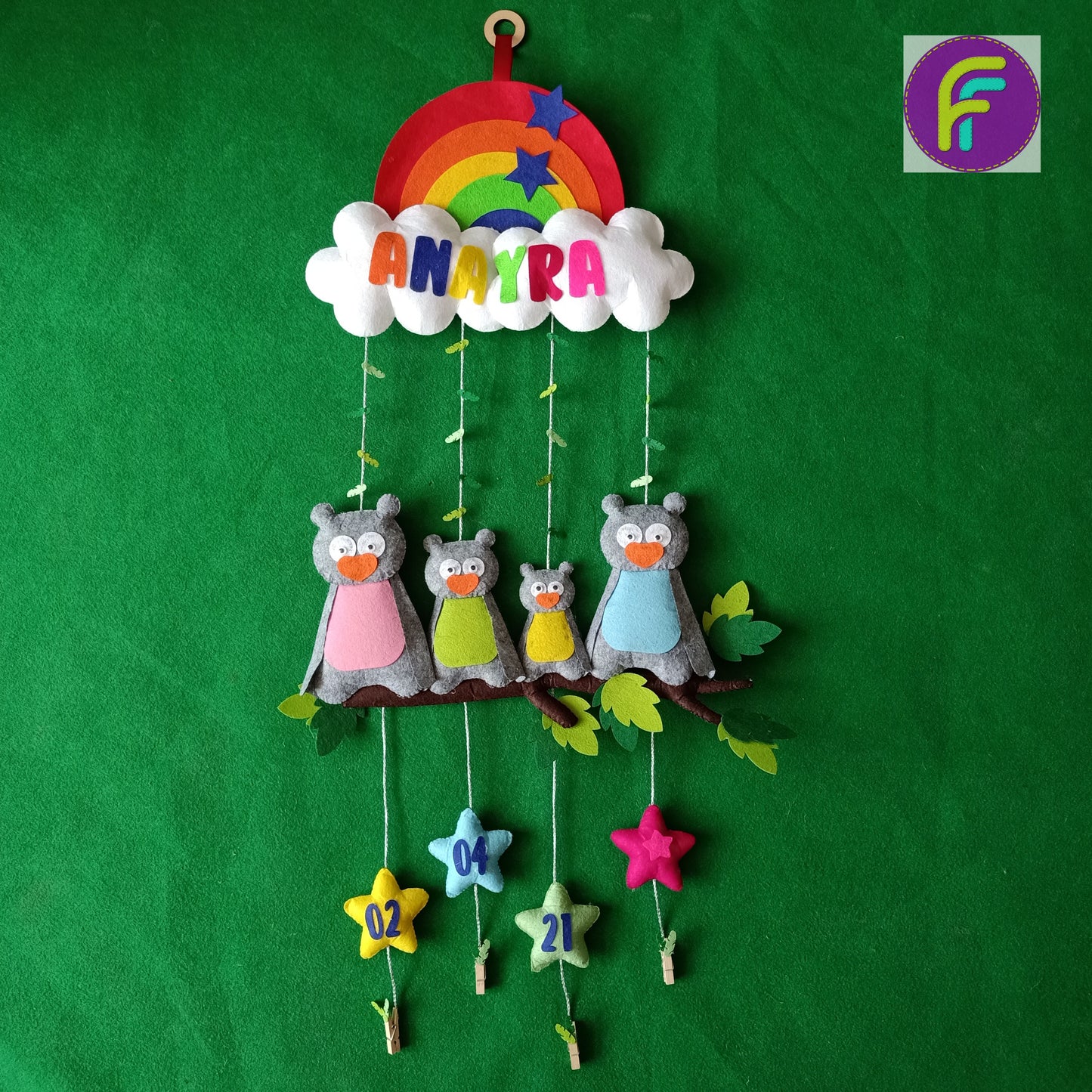 Owl Family on Branch | Personalised Felt Kids Hanging